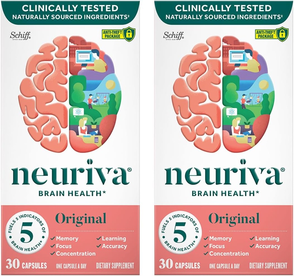 NEURIVA Original Brain Supplement for Memory, Focus & Concentration + Learning & Accuracy with Clinically Tested Nootropics Phosphatidylserine and Neurofactor, Caffeine Free, 30 Capsules (2 Pack)