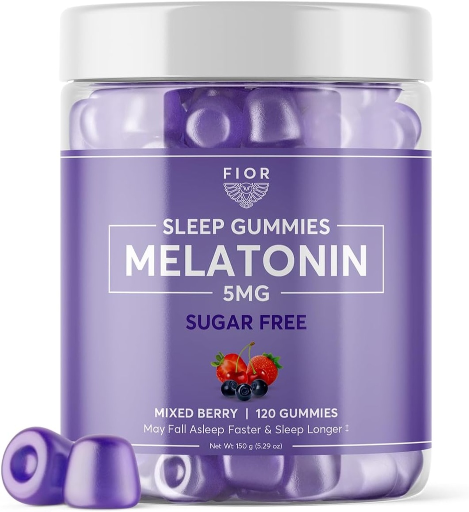 FIOR Sugar Free 120-Count Sleep Aid & Calm Gummies, Melatonin Gummies Sleep Aids for Adults &amp; Kids. Vitaminas Gummy para el sueño. Adultos &amp; Niños Melatonina &amp; L-Theanine Gummies Natural Herbal Sleep Aid.