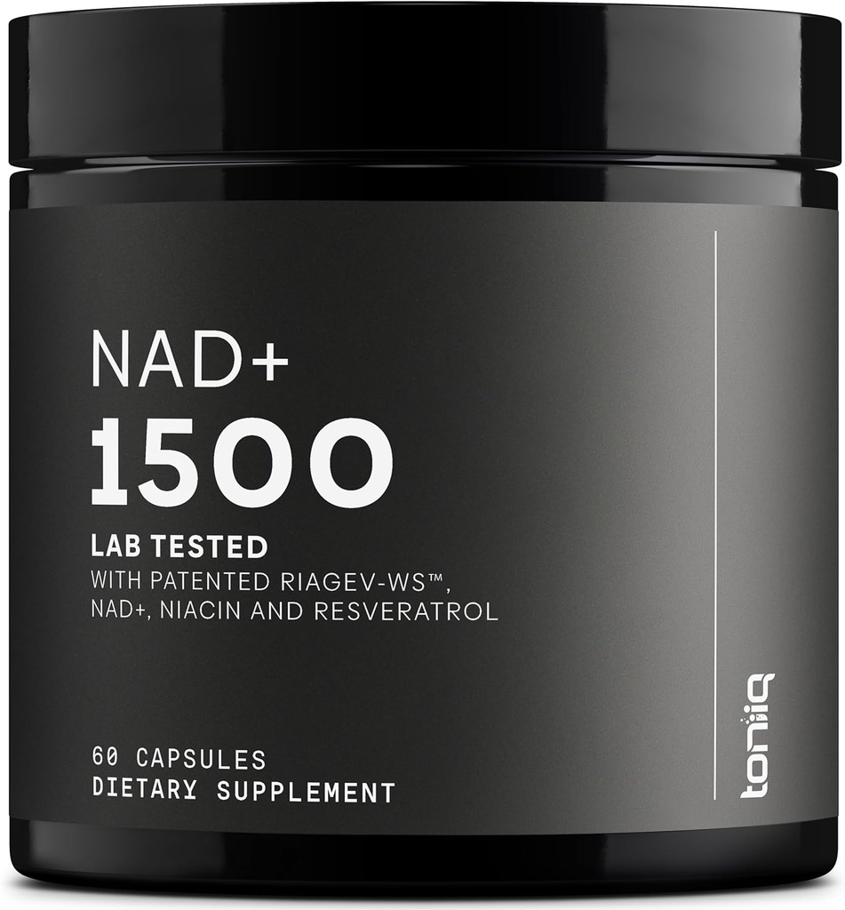 Toniiq NAD+ Suplemento 1500mg - Ultra High Strength NAD Suplemento con Ingredientes estudiados clínicamente con RiaGev-WSTM Patented, Resveratrol y Niacin - 60 cápsulas