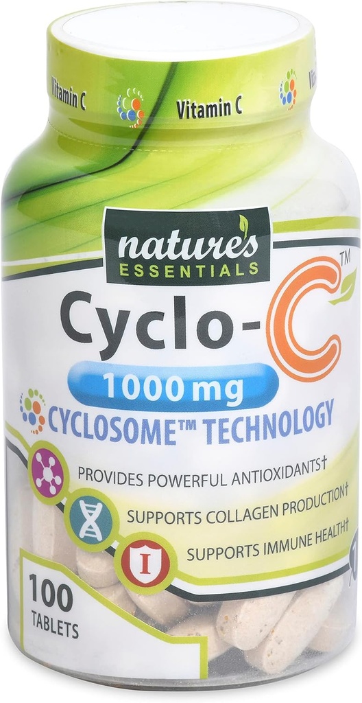 NATURE'S ESSENTIALS Liposomal Vitamina C TENIDO Cyclo-C 1000mg ANTE Bioflavonoids + Cyclodextrin Maximum Absorption Fórmula ANTE 3 Mes de Suministro ANTE No Gluten-Free TEN Vegetarian ANTE Count (100)
