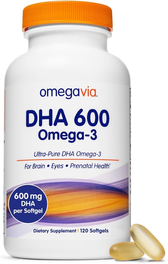 OmegaVia DHA 600 mg, Ultra Puro Omega-3 DHA Suplementos para Cerebro y Ojos, DHA Vitaminas prenatales para Mujeres, Burpless Fish Oil Omega 3, IFOS Tested, 120 Softgels