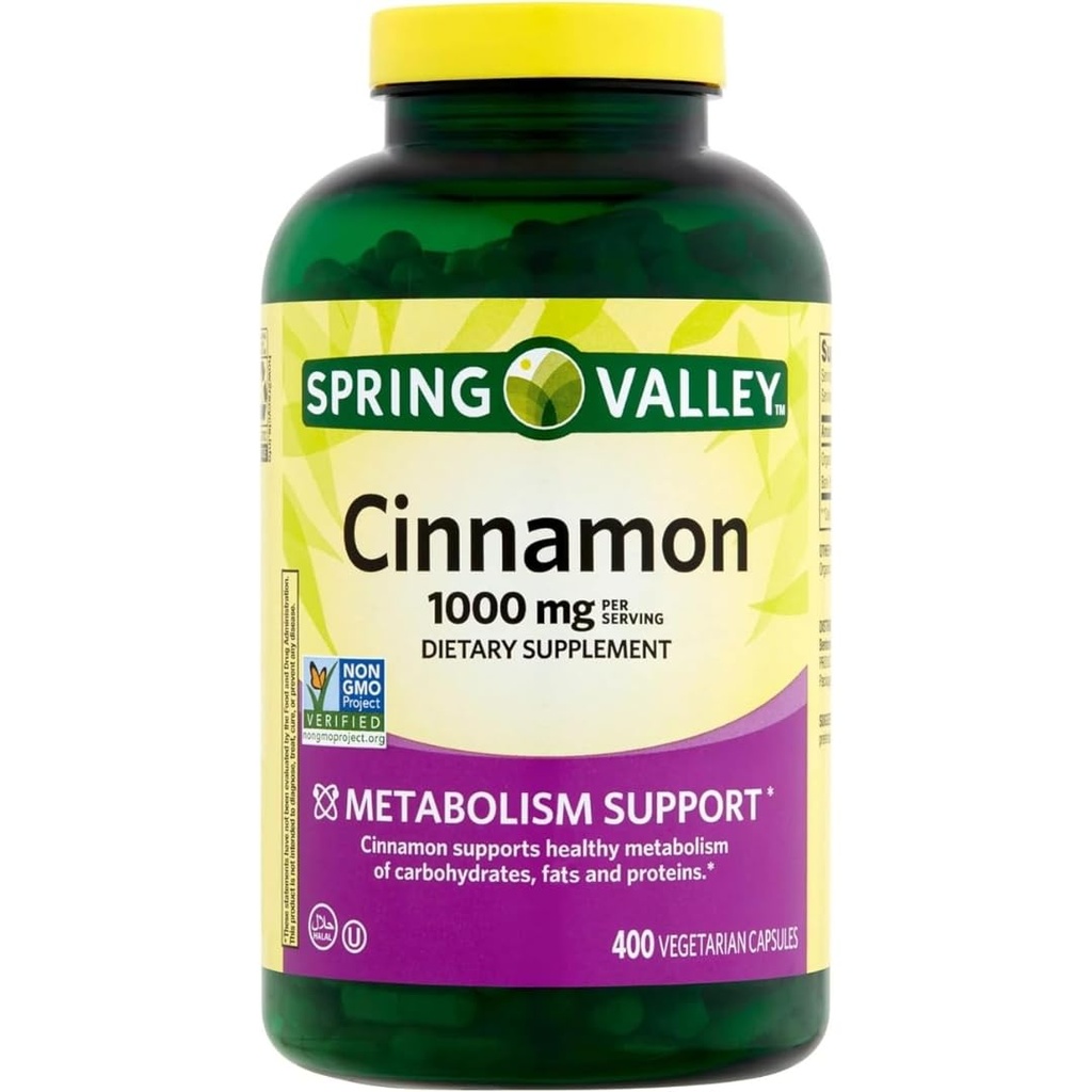 Spring Valley Cinnamon Dietary Supplement, 1000 mg, 400 Vegetarian Capsules - Metabolism Support. Includes Sticker.