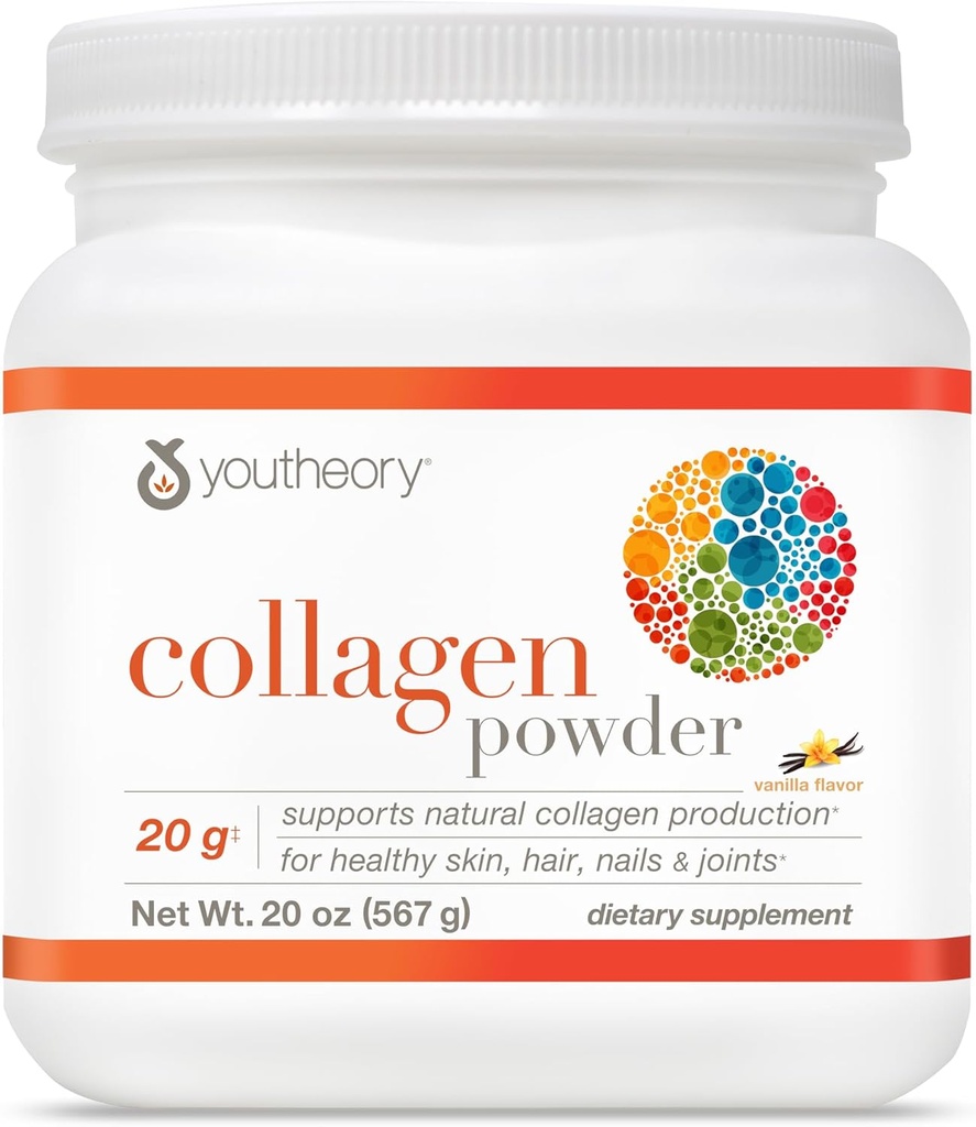 Teoría Colágeno Polvo - con Aminoácidos, Minerales, Vitamina C &amp; B7 (Biotin) - Soportes Huesos saludables, Musculos, Pelo, uñas, piel &amp; articulaciones* - Hidrolyzed - Vainilla - 20 oz (21 Servimientos)