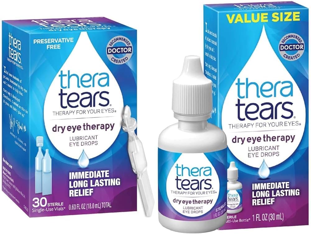 TheraTears Dry Eye Therapy Lubricating Eye Drops for Dry Eyes, Preservative Free Eye Drops, 30 Single-Use Vials " Dry Eye Therapy Eye Drops for Dry Eyes, 1.0 Fl Oz