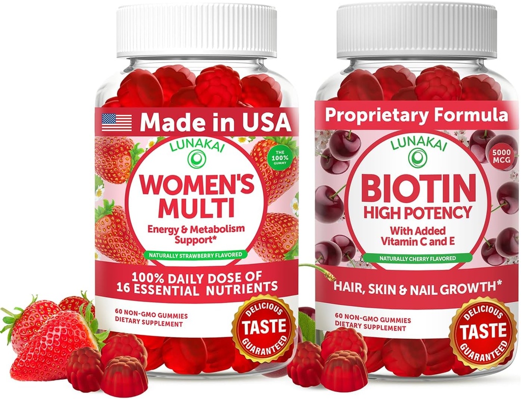Lunakai USA Made Womens Multivitamin &amp; Biotin Gummies Bundle – Energy & Hair, Skin, Nail Support – Naturalmente Flavored – 60 Gummies no GMO Cada uno