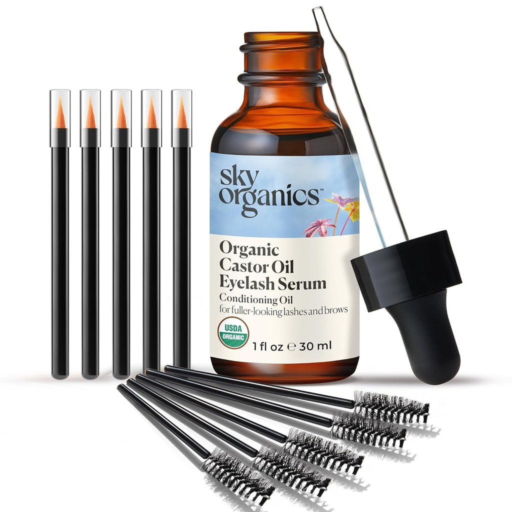 Sky Organics Organic Castor Oil Eyelash &amp; Brow Serum, Hexane-Free Conditioning Oil that Promotes Fuller Looking Lashes & Eye Brows, 100% Pure & Cold-Pressed 1 fl. Oz. / 30 ml w ebook