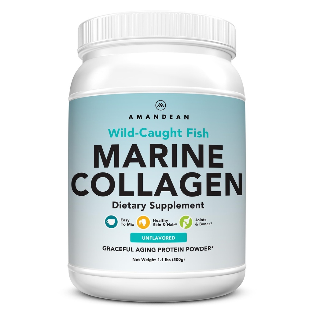 AMANDEAN Marine Collagen Peptides Powder. 500g Wild-Caught Hydrolyzed Fish Collagen Suplemento. Tipo 1 &amp; 3 Collagen Protein. 18 Aminoácidos para la piel, el pelo, las uñas.