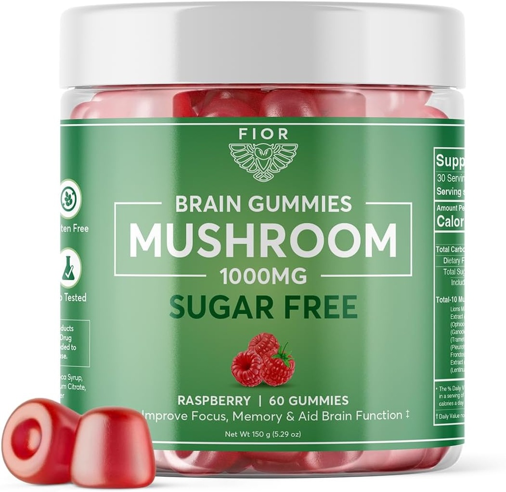 FIOR Naturalmente Sin Azúcar Gummy Total Mushroom Blend Suplemento, 60 Conde, Multi Mushroom Complex, Lions Mane, Chaga, Cordyceps, Reishi, Turquía Tail, Maitake, Shiitake, King Trumpet
