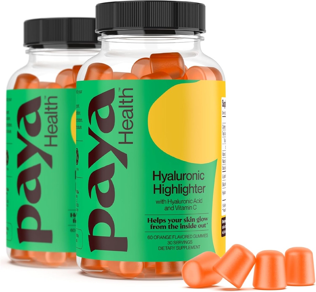 Hydrating Hyaluronic Highlighter Skincare Gummies ← Soportes Brighter, Dewy, Plump Skin ¦ Vegan Hyaluronic Acid &amp; Vitamin C Supplement ← Non-GMO, Gelatin-Free, Orange Flavor, 60-Day Supply