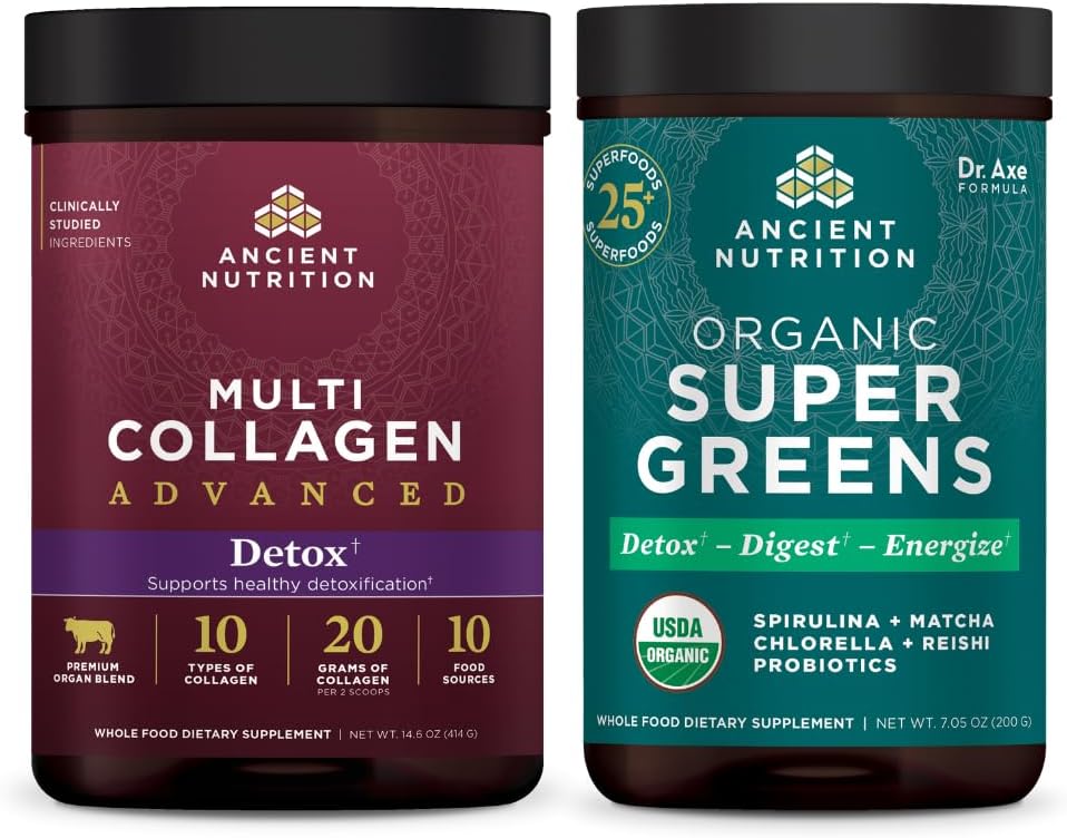 Antigua Nutrición Multi Collagen Advanced Powder Cleanse & Detox, Deflavored, 36 Servings + Orgánico SuperGreens Polvo, Greens Flavor, 25 Servings