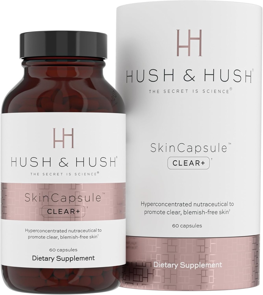 Hush & Hush SkinCapsuleTM Clear+, Skin Care Supplement, Vegan, Acne Treatment for face, Clean Nutraceuticals Supplements That Contains Vitamin A, Turmeric, Dandelion Root, Zinc - 60 Capsules