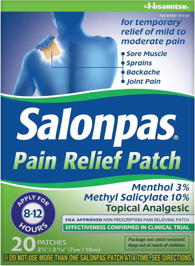 Salonpas Pain Relief Patch, 20 Conde (Pack of 1), Hasta 12 Horas Alivio Temporal de la Mila a la Dolor Moderado, Dolor de Atadura, Musculo de Sore, Sprains, Bruises