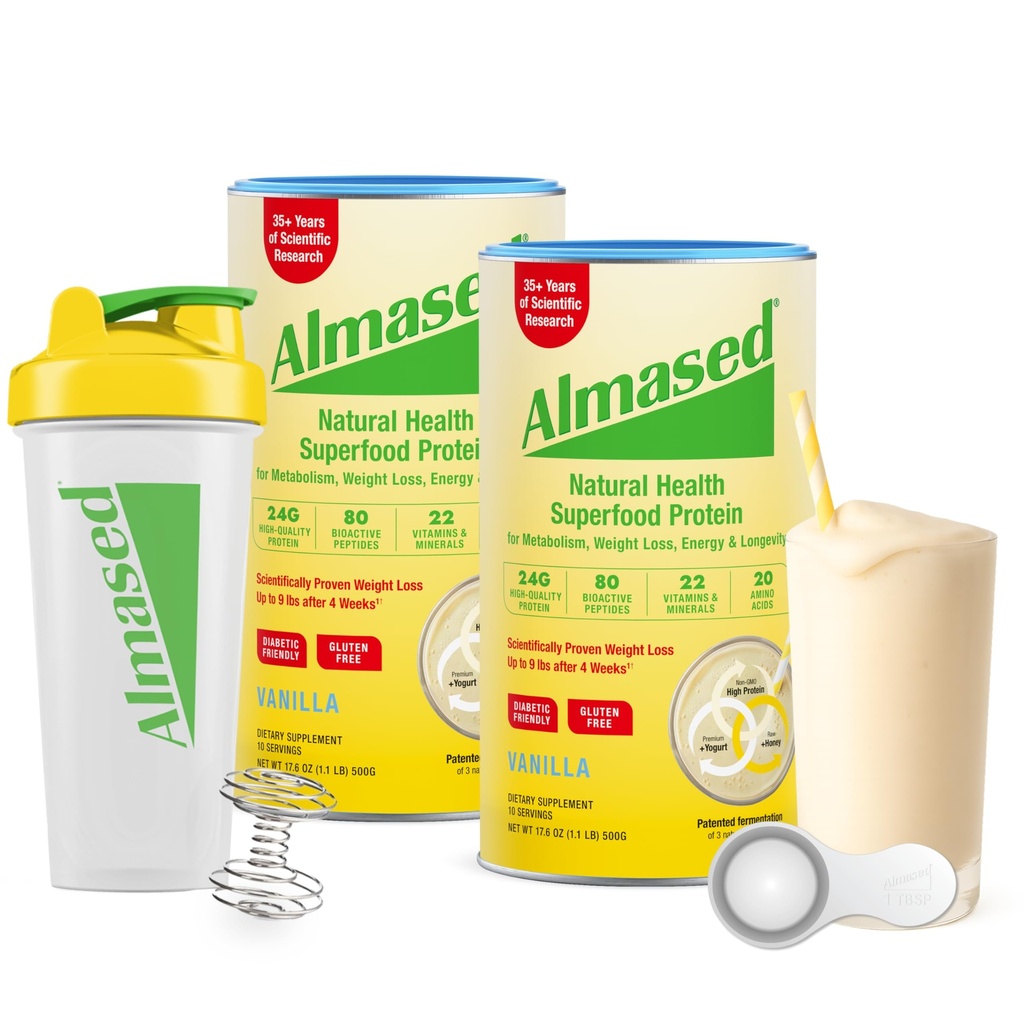 Almased Meal Replacement Shakes for Weight Loss - Protein Powder - Starter Kit (Almond Vanilla Flavor, 2 Cans of 17.6 oz + Shaker Bottle + Scoop)
