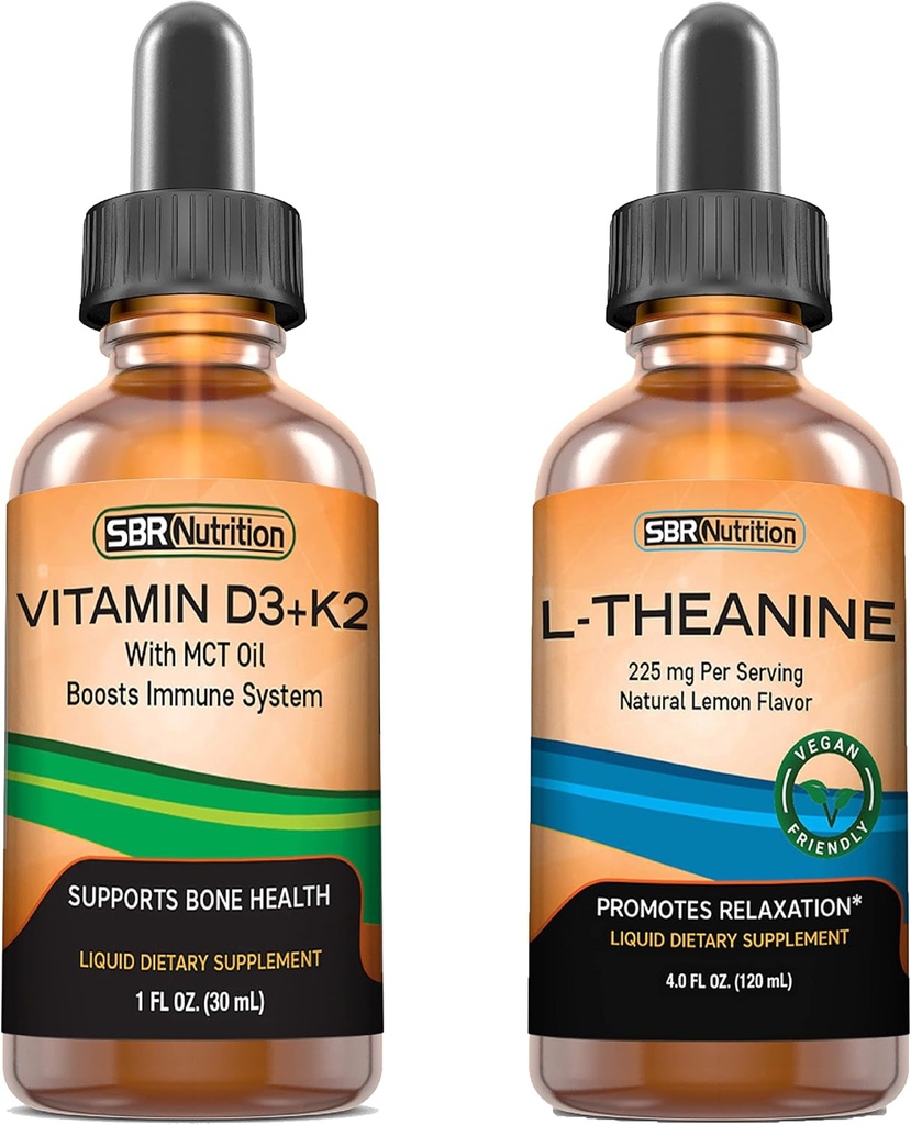 SBR Nutrition D3+K2 y L-Theanine Bundle Vitamin D3K2 (MK7) Liquid Drops, Peppermint, 1oz ANTE L theanine 225mg Liquid Drops, 2oz  durable for Adults &amp; Kids ← Non-GMO, Gluten Free