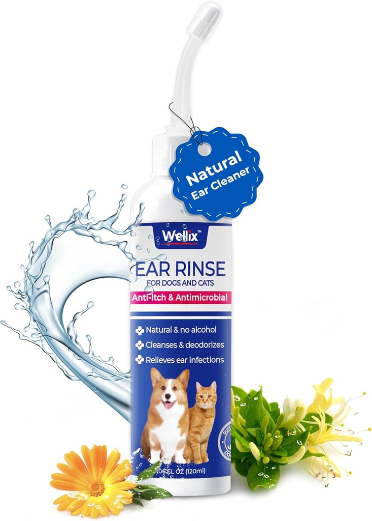 Wellix 120ml Limpiador de oídos para perros &amp; gato - Tratamiento de la infección del oído sin irritación - Lavado del oído del perro para el alivio de la inflamación del calmante - Ear Wax, Polvo y Odor