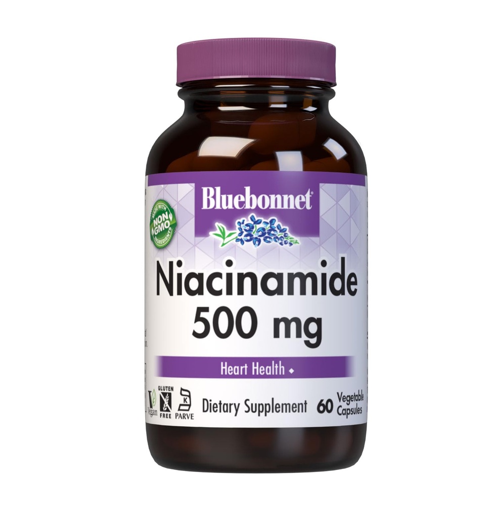 Bluebonnet Nutrition Niacinamide 500mg, Supports Cardiovascular Health*, Soy-Free, Gluten-Free, No GMO, Kosher Certified, Dairy-Free, Vegan, 60 Vegetable Capsule, 60 Servings