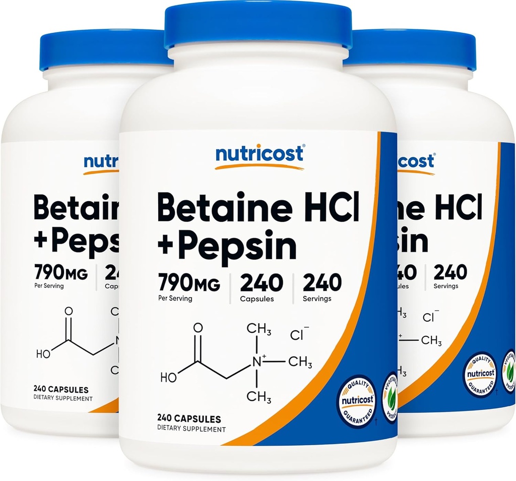 Nutricost Betaine HCl + Pepsin 790mg, 240 cápsulas, 3 botellas (720 cápsulas)