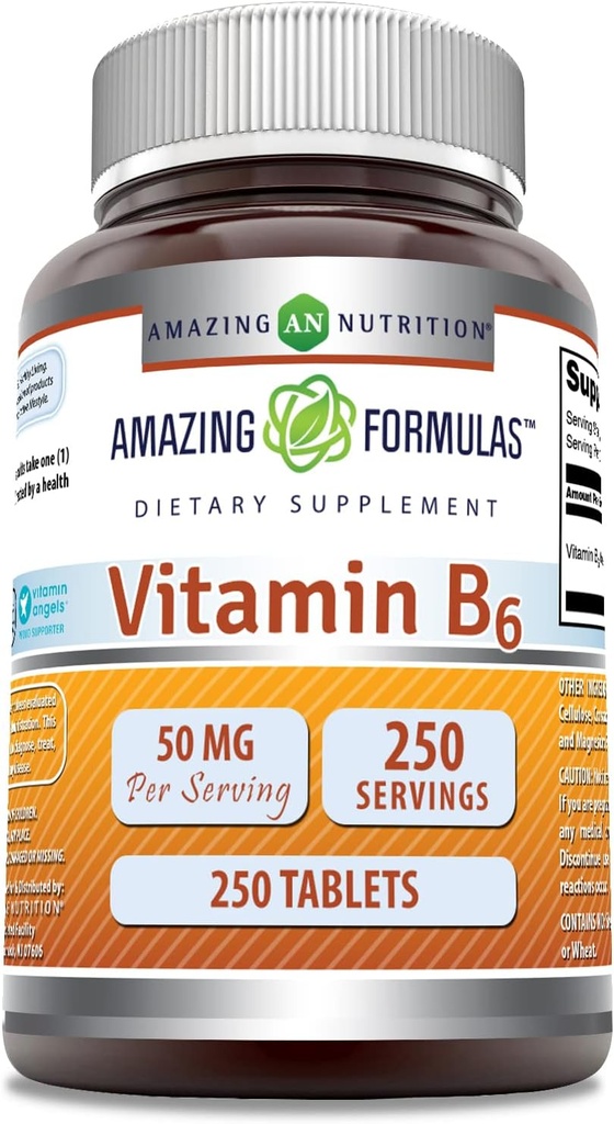 Fórmulas asombrosas Vitamina B6 Piridoxina 50mg 250 Tablets Suplemento No TENIDO Gluten Gratis TENIDO EN USA