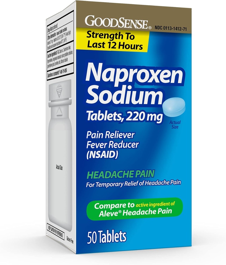 GoodSense Naproxen Sodium Tablets 220 Mg, dolor de cabeza, azul, 50 cuenta