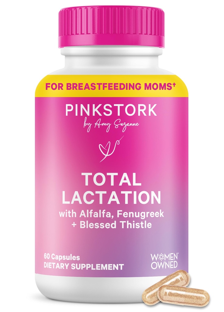 Pink Stork Total Lactation Supplement for Breast Milk Supply, Organic Fenugreek and Alfalfa to Support Breastfeeding, Milk Flow, and Production, Postpartum Essentials - 60 Capsules