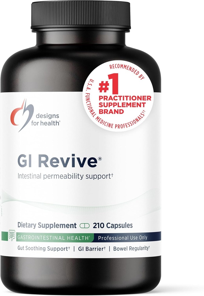 Diseños para la salud GI Revive - Slippery Elm Gut Health Support with Licorice Root, L-Glutamine + Zinc Carnosine - MSM, Marshmallow Root Powder + Okra Extract (210 cápsulas)