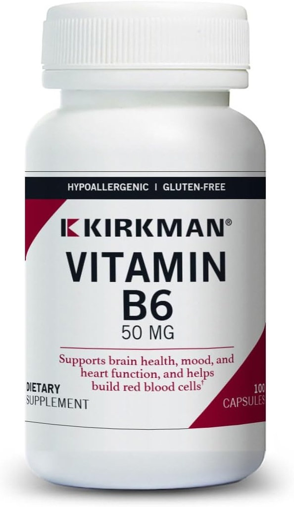 Kirkman Vitamina B-6 50 mg - Hipoalergénico - 100 cápsulas vegetarianas - Gluten/Casein Gratis