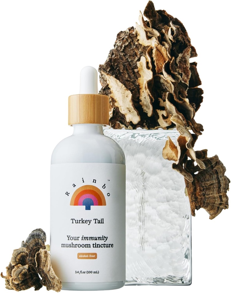 Rainbo - Turquía Tail Mushroom Tintura - Alcohol Gratis - Dual Extract Mushroom Supplement - Immune Support, Gut Health, Liquid Turkey Tail Supplement, Vegan, Non GMO, 3.4 fl oz