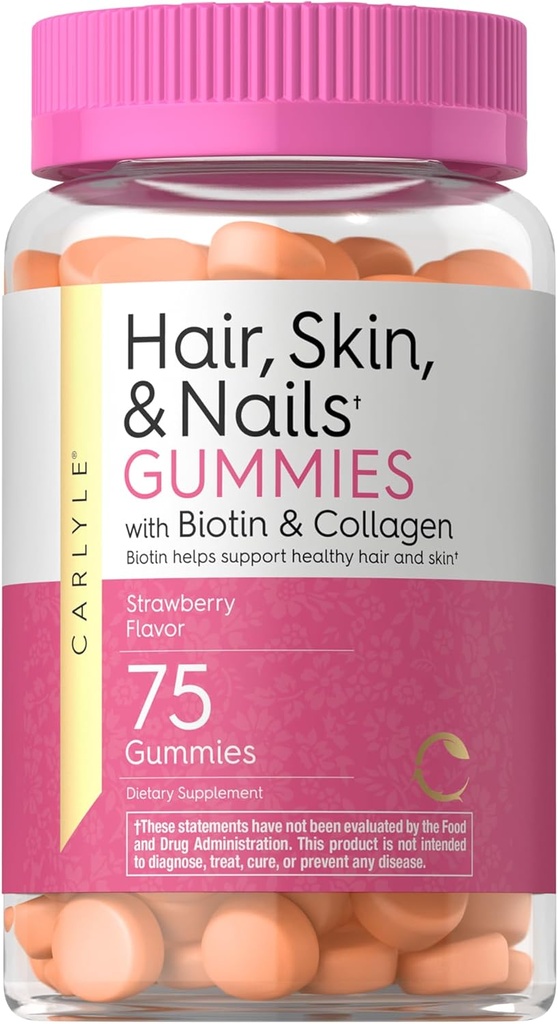 Carlyle Hair Skin and Nails Vitaminas TEN 75 Gummies ← Biotina y Collagen ← Suplemento Gummy para las mujeres TEN Strawberry Flavor ANTE NO GMO, Gluten Free