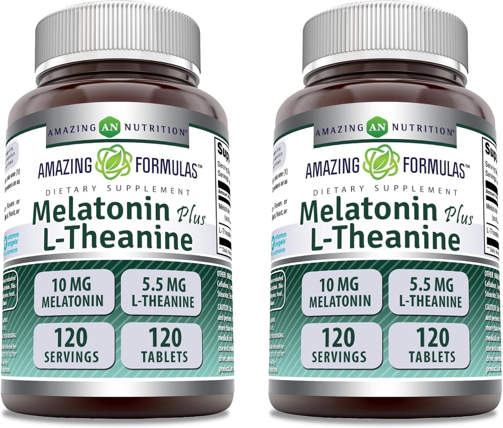 Amazing Fórmulas Melatonin 10 Mg Plus L-Theanine 5.5 Mg Suplemento Silencio 120 Tablets ← Non-GMO TEN Gluten Free TEN Made in USA ← Pack of 2