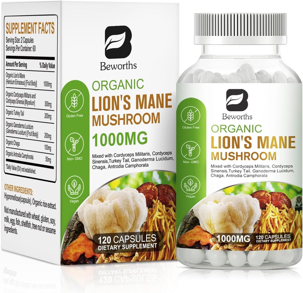 Mushroom de Mane de León - 120 Capsules ← Leones Orgánicos Mane Turquía Tail Mushroom Suplemento Complejo ← Cordyceps, Chaga, Turquía Tail, Reishi ← Claridad Mental, Focus Memory, Brain &amp; Immune Boost