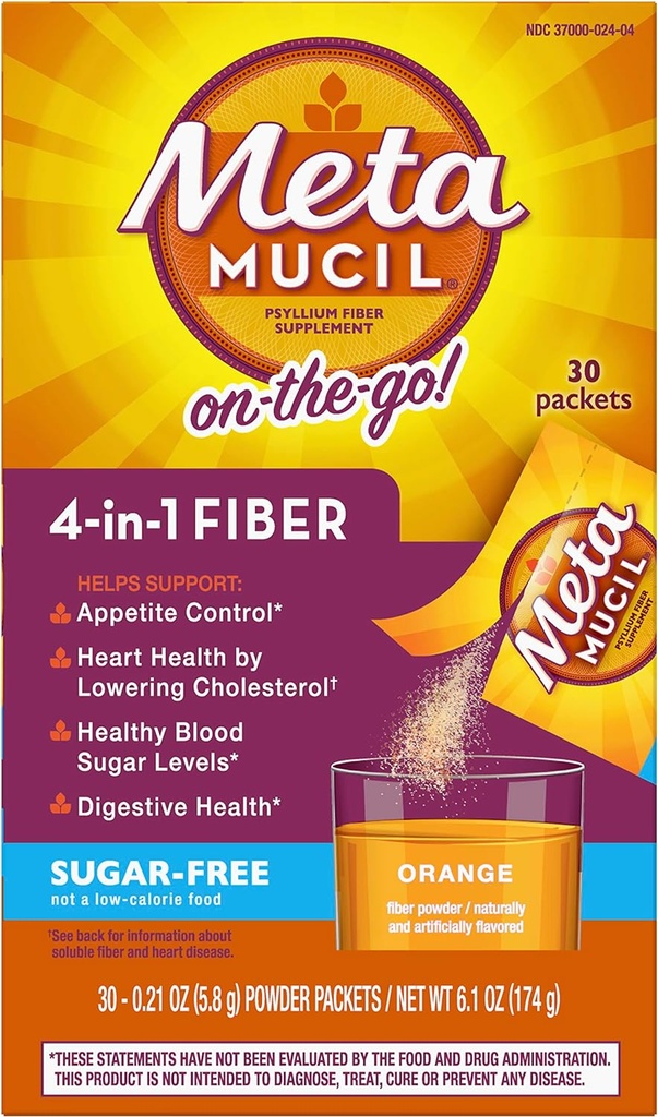 Metamucil Fiber 4-en-1 Psyllium Fiber Supplement Sugar-Free Powder Single-Serve Packets Orange Flavored Drink 2 Boxes of 30 Packets (OLD)