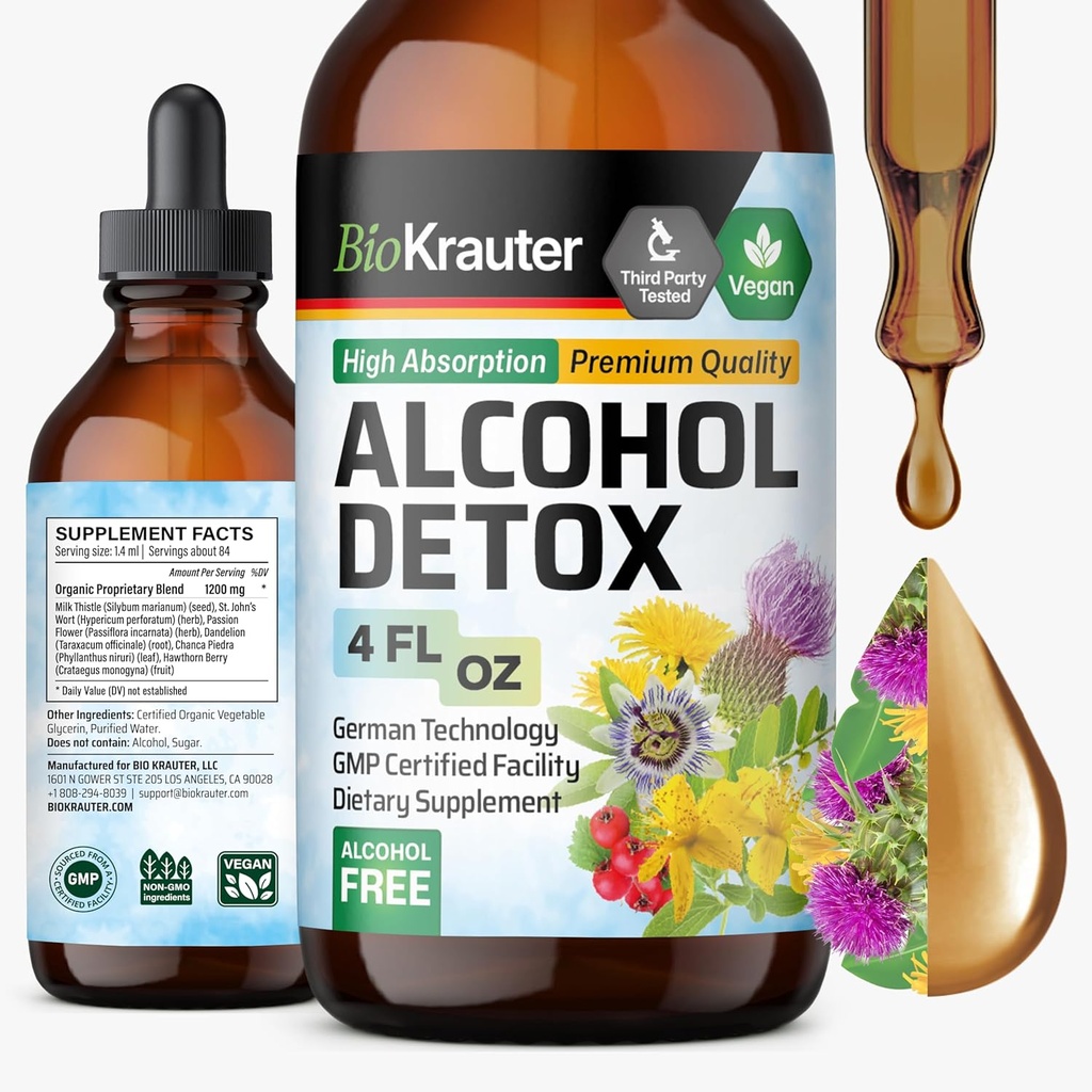 BIO KRAUTER Alcohol Detox Tintura - Hígado Fórmula de limpieza - Leche Thistle &amp; Dandelion - Hígado Detox Liquid Extract - Alcohol y azúcar gratis - Vegan Drops 4 Fl.Oz.