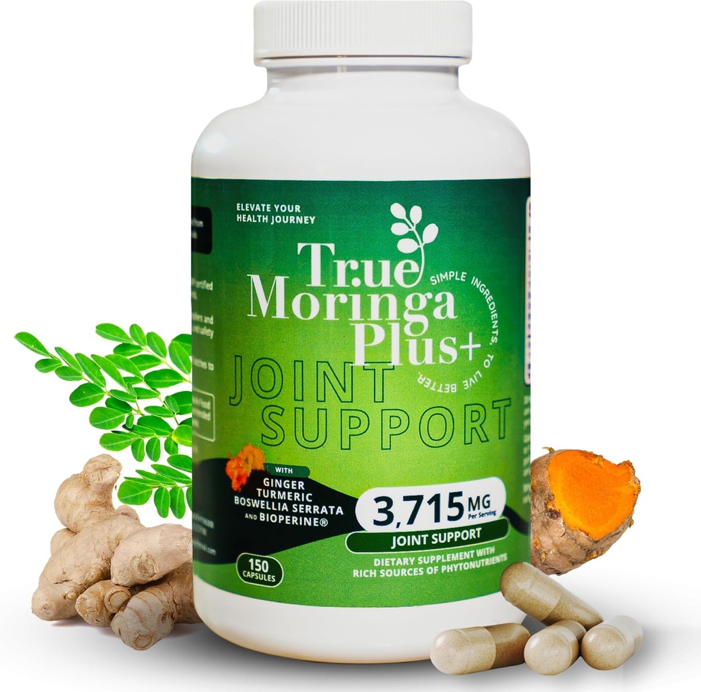 Verdadero Moringa Plus+ Suplemento de Apoyo Conjunto 10:1 Extracto Silencioso 20,000 mg de Moringa Orgánica, Curcumina Turmérica, Ginger, Boswellia, BioPerine peru Extra Strength Herbal Antioxidante para Adultos (150 cápsulas)