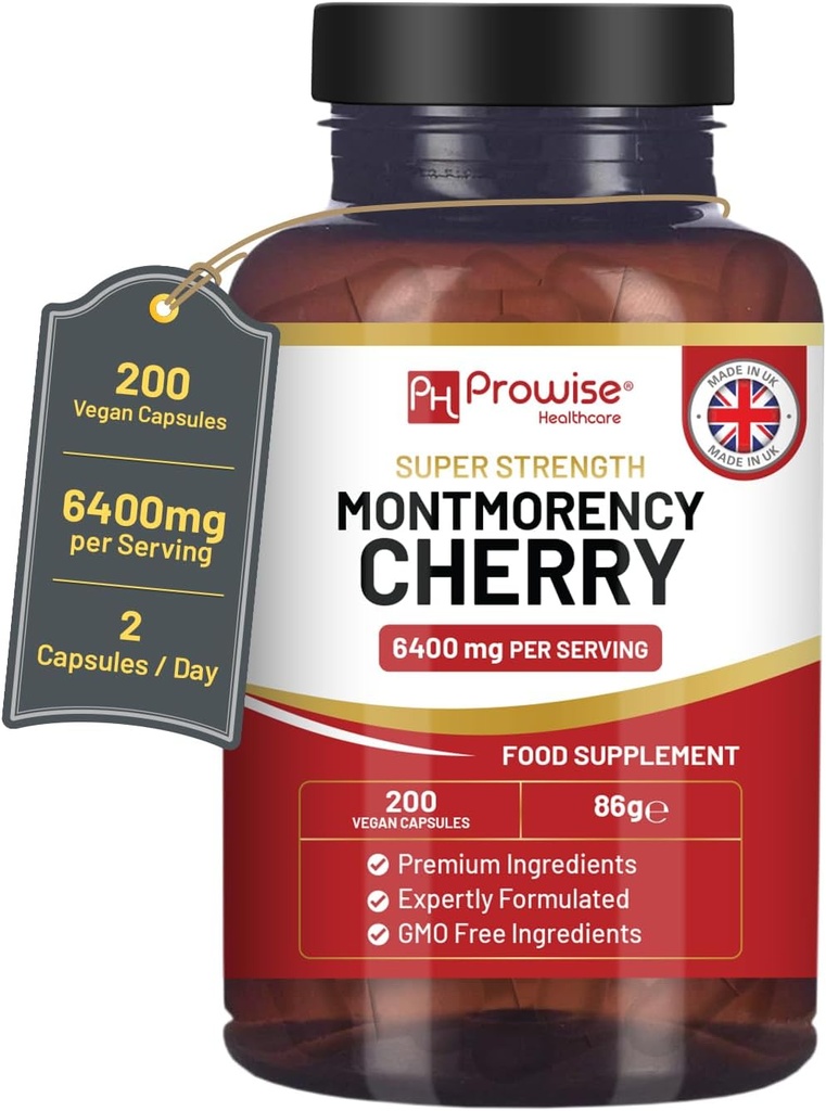 Montmorency Cherry 6400mg - 200 Tart Cherry Capsules - Natural Tart Cherry Extract Supplement for Men &amp; Women – Super Strength, Gluten Free, Vegan and GMO Free - Made in The UK by Prowise