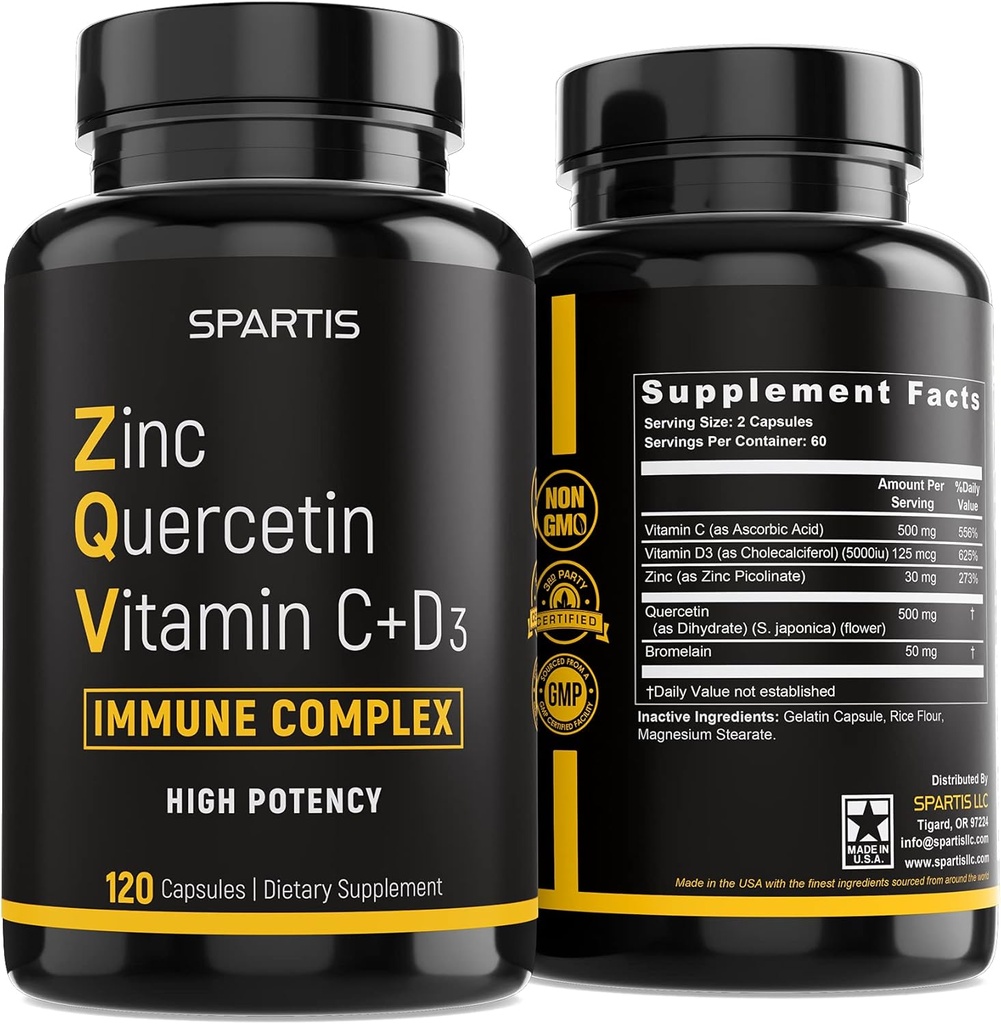 Zinc Quercetina 500mg con vitamina C Vitamina D3 Bromelaina Immune Soporte Alto Potency Quercetin Zinc Suplemento ZQV por SPARTIS (Pack of 1 Bottle at 120-Caps)