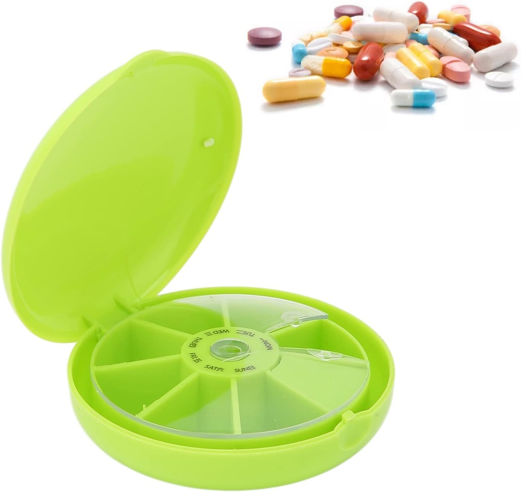 Container 7 Day Pills, Seven Grids Pills Box Organizers Round 7 Compartments Travel Box for Home Travel Pills Case Medication Aids Tool Daily Week Reminder Case(Green)