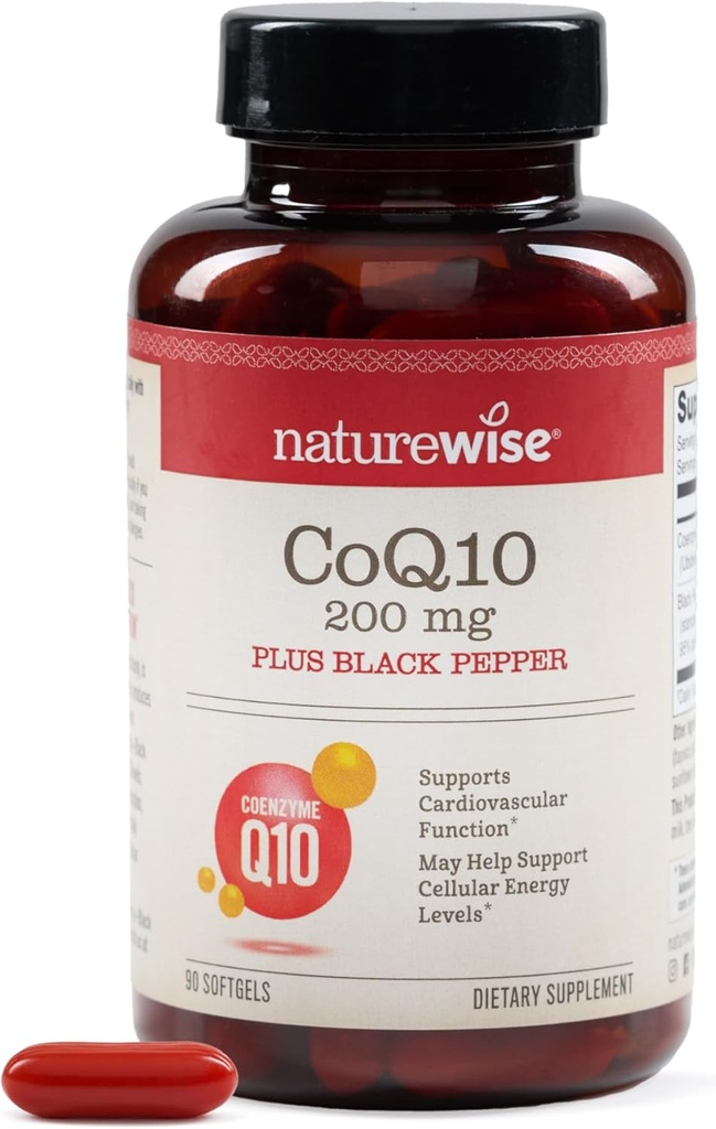 NatureWise CoQ10 200mg + Black Pepper Softgels - High Absorption Coenzyme Q10 + Black Pepper - Antioxidant for Heart Health + Cellular Energy - Vegan, Non-GMO, Gluten-Free - 90 Conde[90-Day Supply]