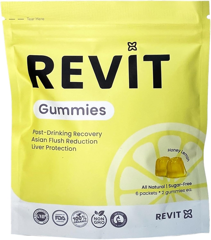 REVIT - Award Winning Post-Drinking Recovery Gummy | Liver Support & Recovery | DHM + Curcumin + Ginger + Vitamins + Anti-oxidants | All-Natural | Vegetarian | Non GMO