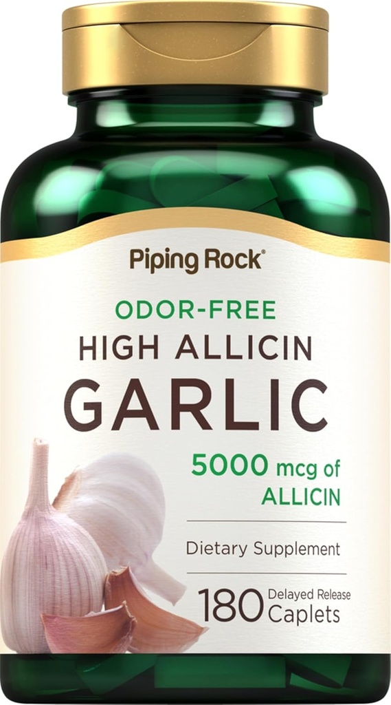 Piping Rock Odorless Garlic Pills with High Allicin | 180 Caplets | Odor Free | Vegetarian, Non-GMO, Gluten Free