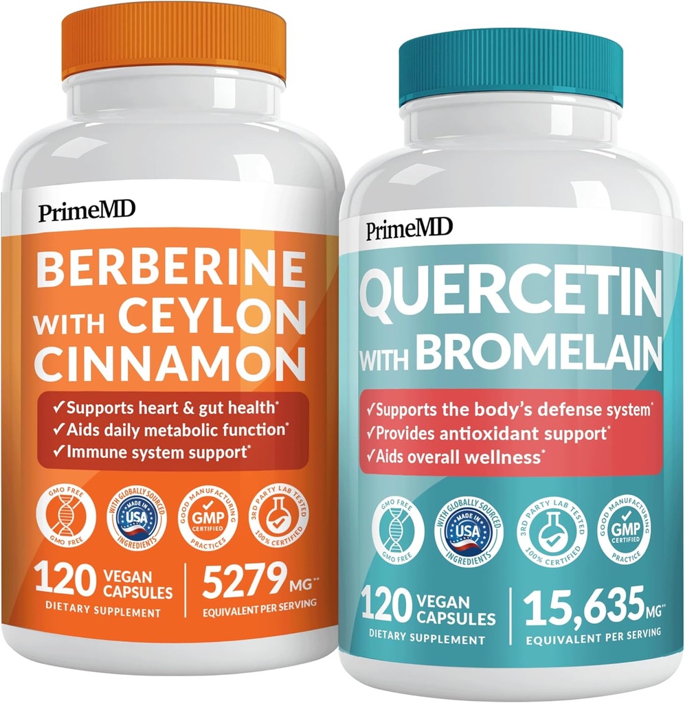 21-in-1 Beberine Suplemento con Ceylon Cinnamon Chromium, Bitter Melon y Green Tea Extract (120 ct) & 28-in-1 Quercetin con Bromelain Suplemento para Immune Defense Support (120 ct)