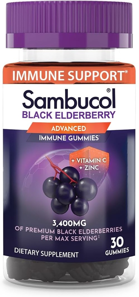 Sambucol Gummies Negro de Elderberry - Elderberry con zinc y vitamina C para adultos, Sambucus Gummies, Immune Support - 30 Condes