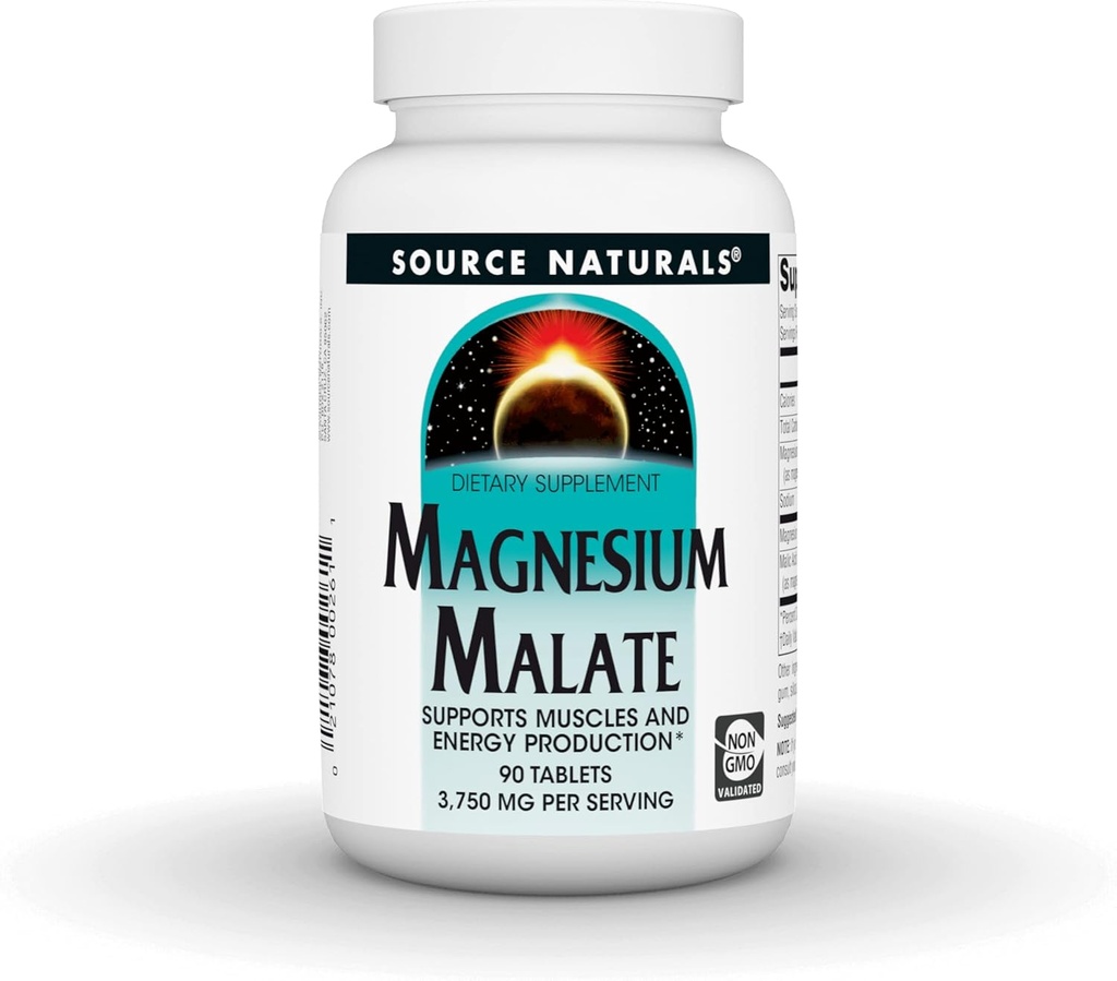Fuente Naturales Magnesium Malate, apoya músculos y producción de energía*, NonGMO, Suplemento Vegetariano de Magnesio Amistoso, 3.750 MG por Serving - 90 Tablets
