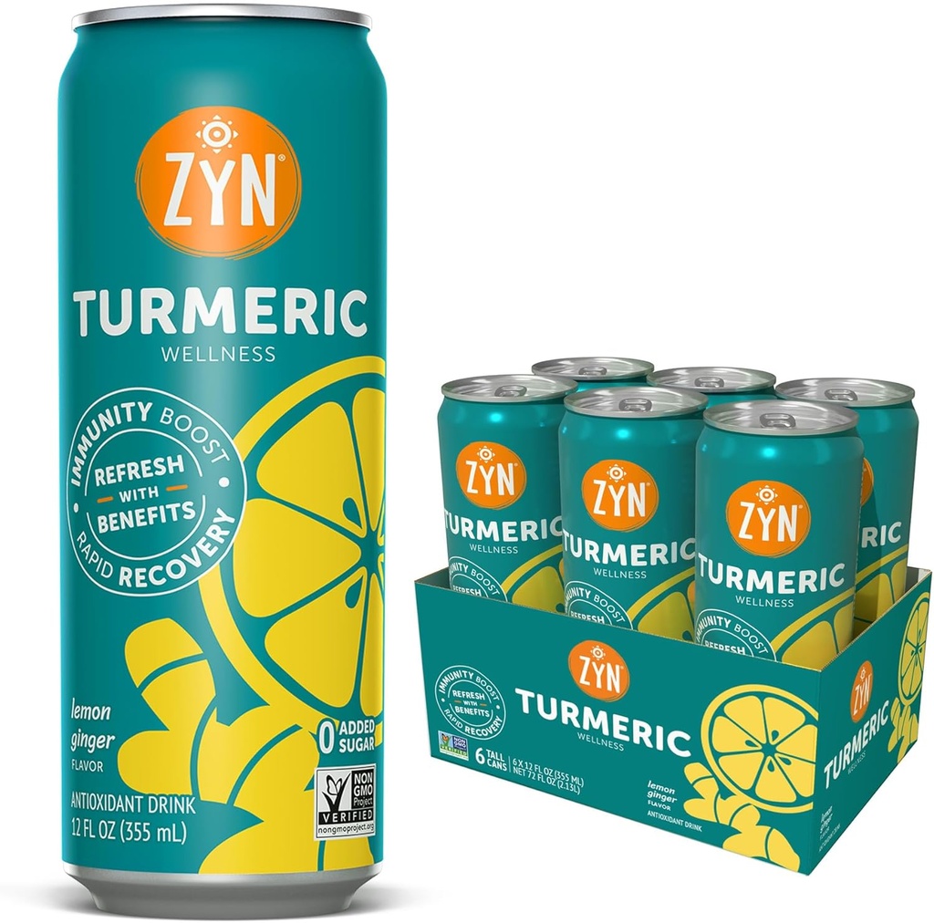 ZYN Turmeric Wellness Drink (6 Pack), Lemon Ginger Flavored Turmeric Curcumin Drink with Black Pepper, No Añadido Sugar, Low Carb & Low Calorie Drink, Clean Alternative