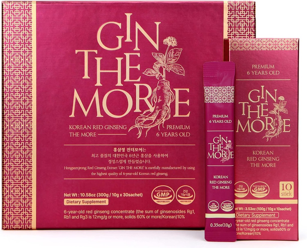 [Gin The More] Corea del Red Ginseng – 30 Sachets Korean Ginseng Extract – Premium Ginseng Extracto 6 Año sin Preservadores, Fillers – Pleasant Taste – Nutrient Packed Immunity Shot