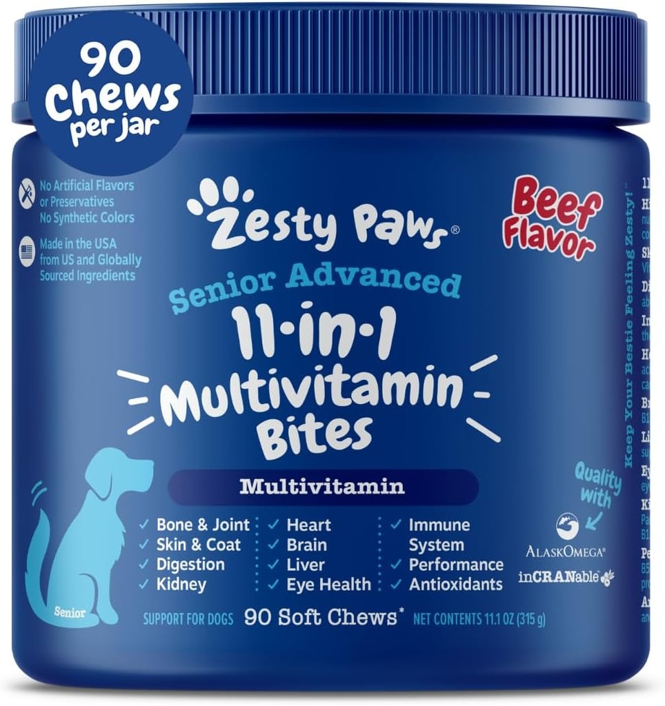Zesty Paws Senior Dog Multivitamin Treats - Glucosamine for Dogs + Digestive Enzymes &amp; Probiotics - Grain Free Dog Vitamins and Supplements for Skin & Coat + Immune Health Beef - Advanced - 90ct