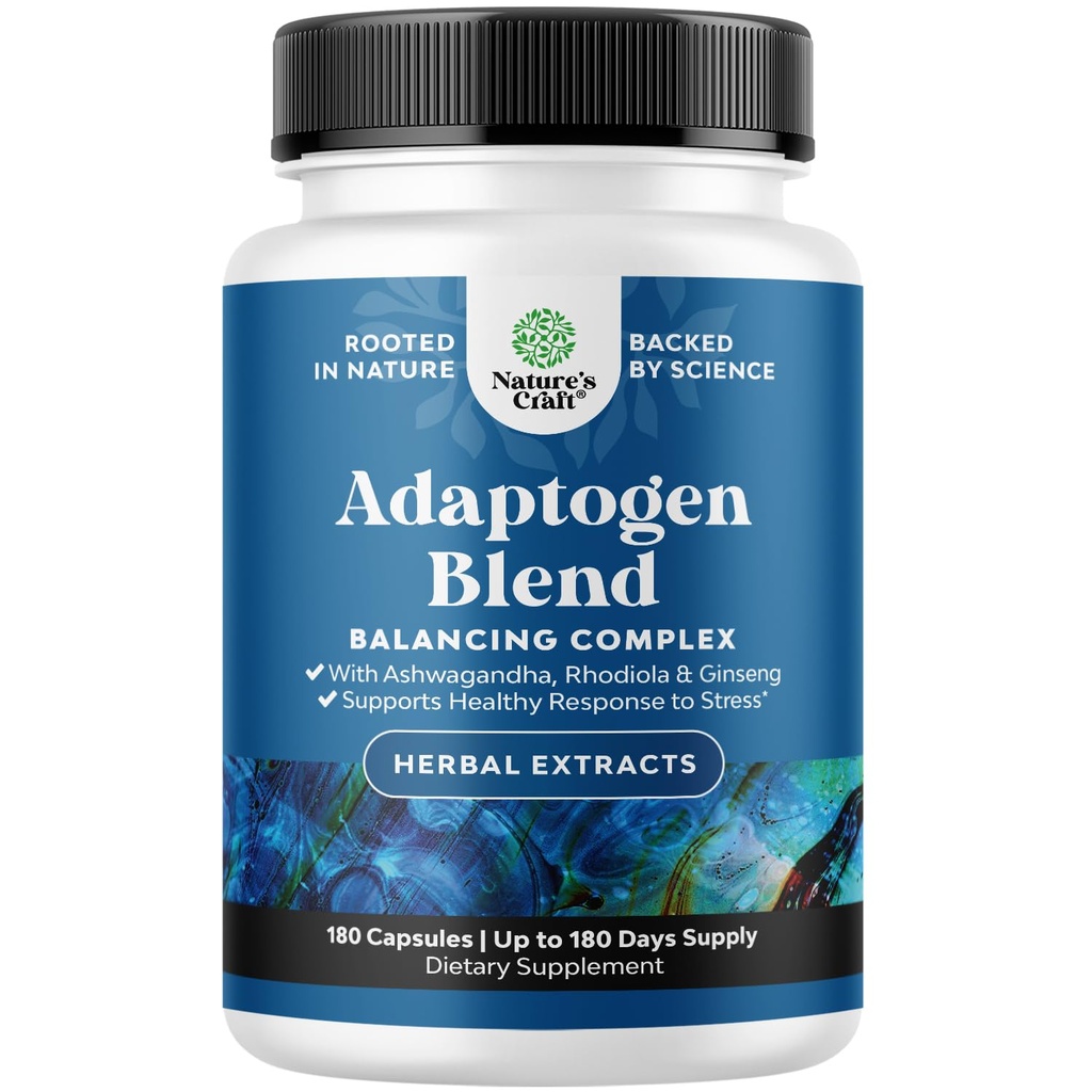 Herbal Adaptogen Mood Support Supplement - Calming Adaptogens Supplement for Stress & Cortisol Management with Ashwagandha Rhodiola Rosea &amp; Maca Root - Vegan Non GMO & Daytime Friendly -180ct