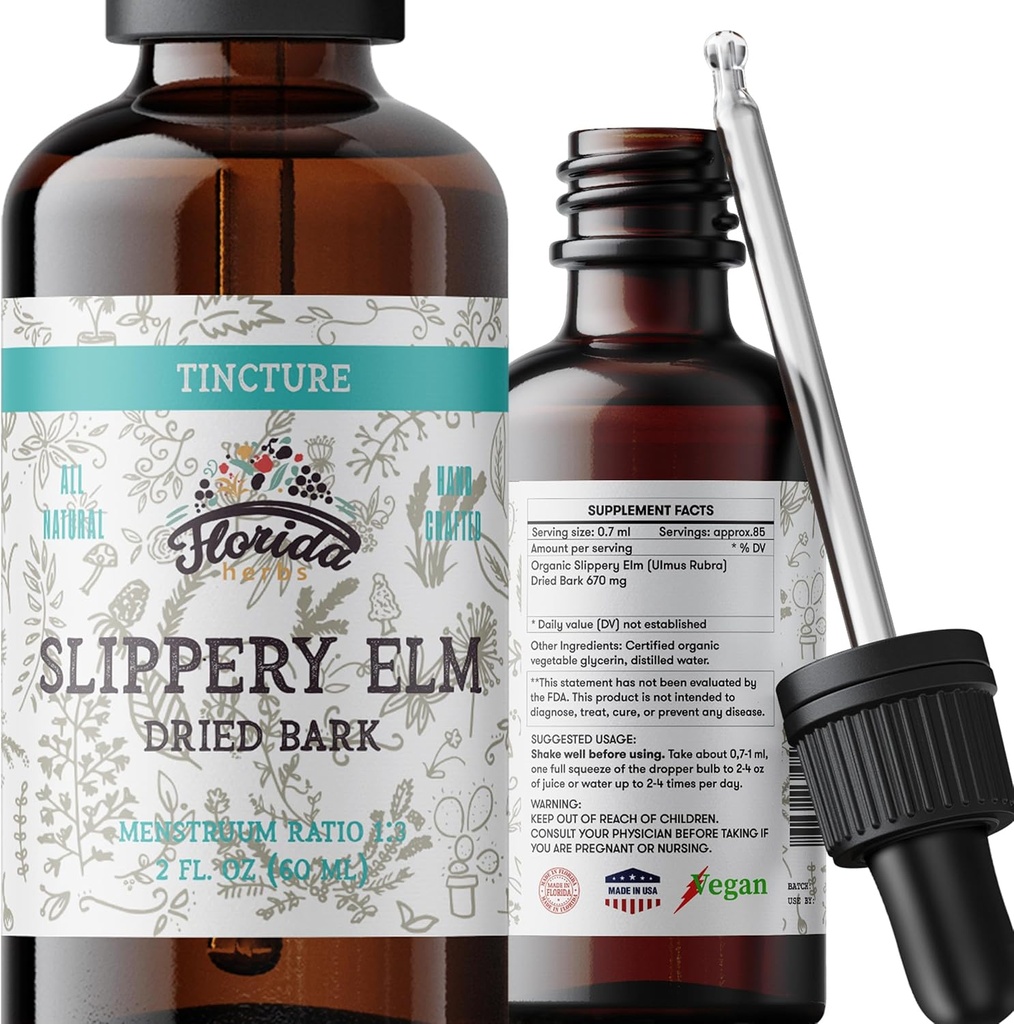 Slippery Elm Tincture 2 oz (60 ml) ← Premium Alcohol-Free Herbal Extracto de Ulmus Rubra ← Liquid Botanical Supplement ← Tradicional Soothing Mucilage Fórmula Silencioso Made in USA