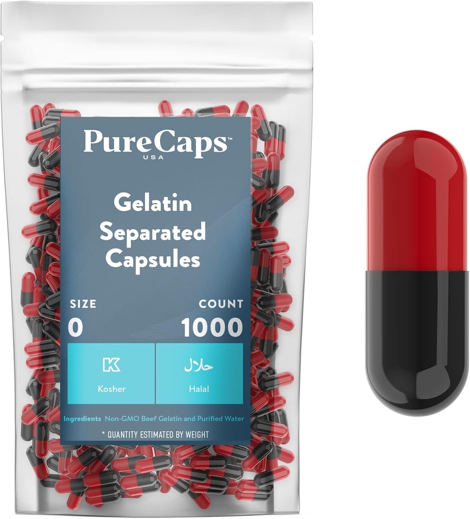 PureCaps USA - Empty Gelatin Capsules Talla 0 sometida 1,000 Pills Separados   Black/Red habit Non-GMO Certified ¦ SLS, Gluten, Preservative Free