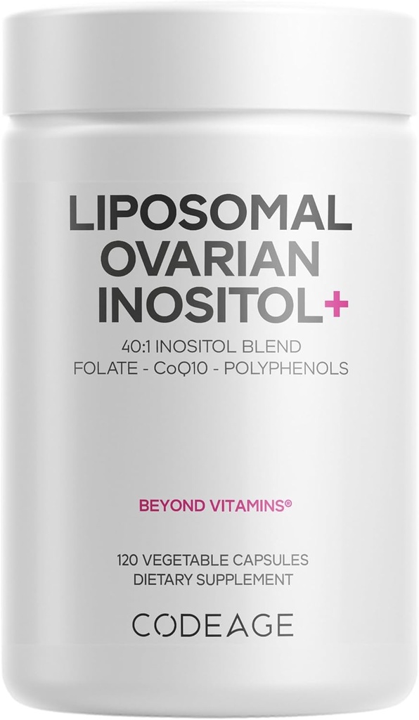 Codeage Liposomal Inositol+ Suplemento - Myo-Inositol & D-Chiro-Inositol 40:1 Blend, Folate 5-MTHF, CoQ10, Pomegranate " Wild Blueberry, Liposomal Delivery, Non-GMO, Gluten-Free - 120 Capsules