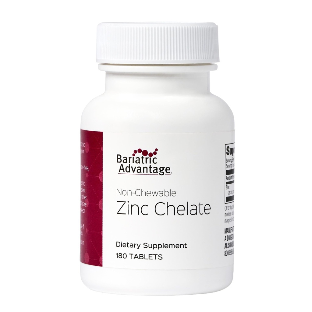 Bariatric Advantage No Chewable Zinc Chelate - Altamente Absorbable - 20 mg Zing Arginine &amp; Glycine - Tablas para Cirugía Bariat Pacientes - 180 Conteo